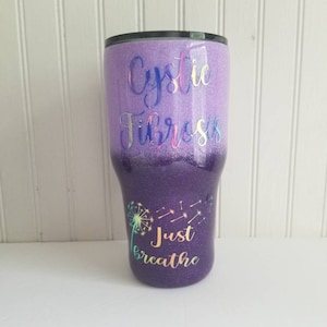 Cystic fibrosis tumbler glitter dipped stainless steel tumbler handmade glitter custom made just breathe tumbler personalized cf awareness