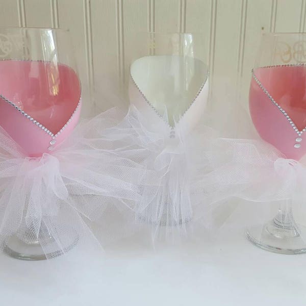 Wedding glass hand painted wine glass with pink tutu  skirt wedding party glasses bridal shower bridesmaid gift bachelorette tulle skirt