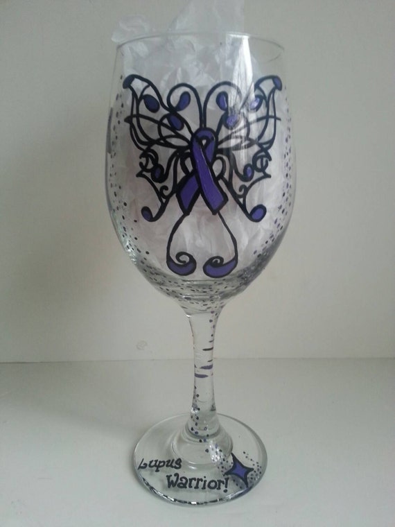 Hand painted wine glass Lupus awareness glass cause ribbon Etsy