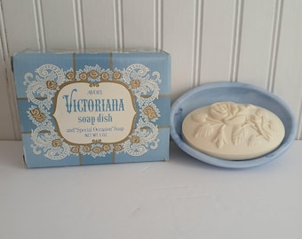 Vintage Avon soap dish slag blue glass victoriana special occasion soap decorative soap and dish with box embossed rose motif cottage core