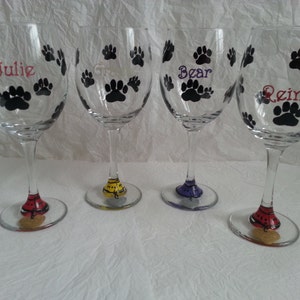 Painted wine glass Puppy print wine glass, dog glass animal print paw print cat print glass image 1