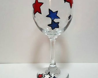 Hand painted wine glass fourth of July labor day memorial day stars patriotic glass red white and blue custom glass stars on glass