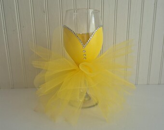 Wine glass with tutu skirt wedding glass with skirt party glasses bridal shower bride glass bridesmaid gift bachelorette tulle skirt yellow