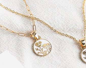 California State Flower Necklace with Hard Enamel Pendant | 14k Gold