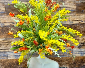 Spring flower arrangement, orange flowers and mimosa flower centerpiece, womens day arrangement, elegant tabletop decor,