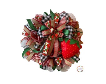 strawberry front door wreath, Strawberry kitchen decor, summer strawberry decor, fruit home decor, strawberry and buffalo check wreath,