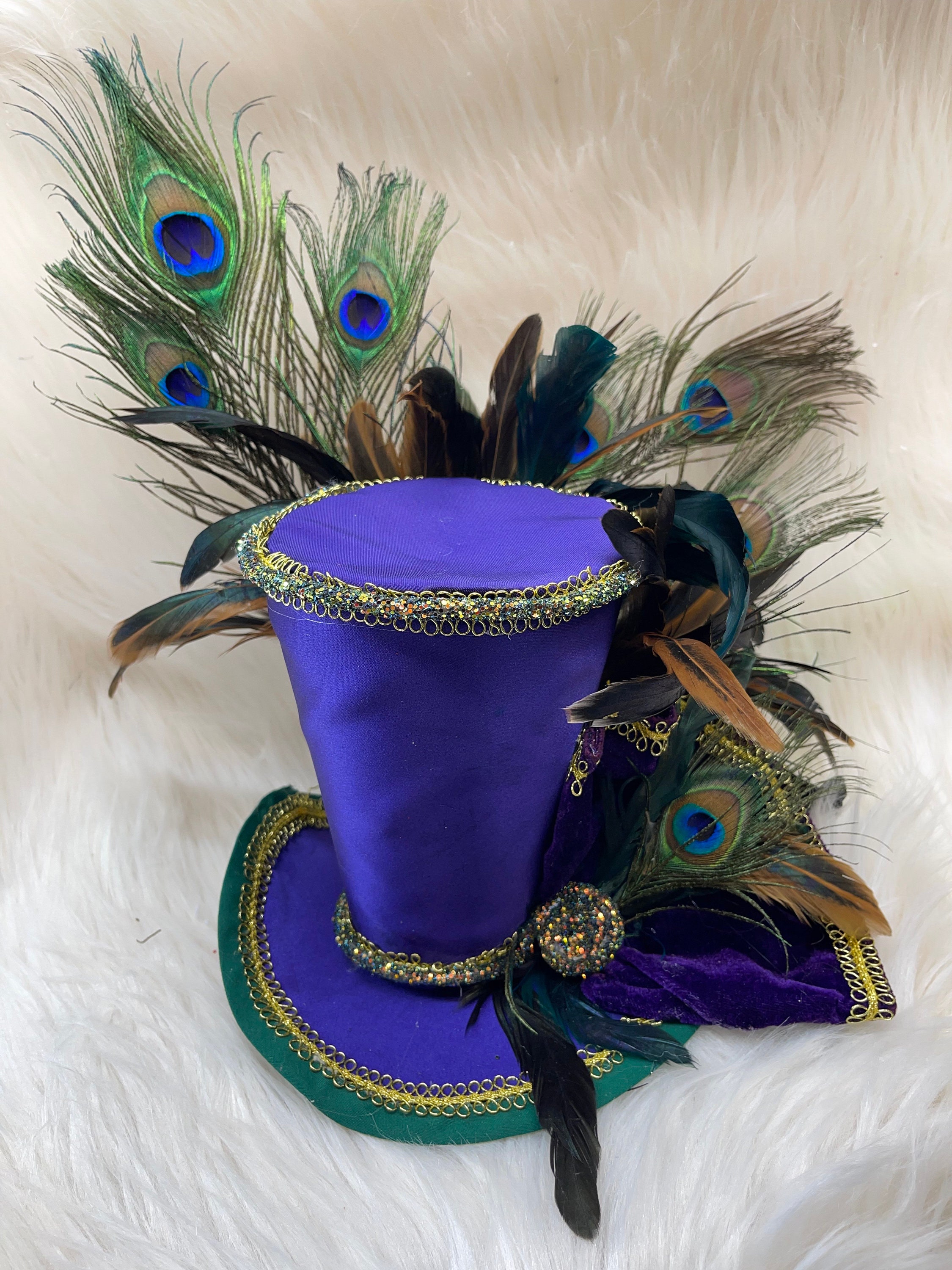 Purple and Teal Peacock Large Top Hat with Mask