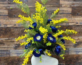 Spring flower arrangement, blue ranunculus and mimosa flower centerpiece, womens day arrangement, elegant tabletop decor,