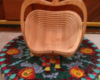 Handmade Multiple Woods Collapsible Apple Shaped Bowl/Trivet with Handle Ready to Hang