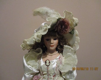 Collectible CAMILLE-19 In Porcelain Victorian Doll  in White Satin, Lace, Parasol, Silk Flowers, Porcelain Molded on Shoes