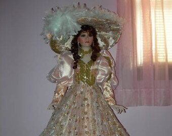 42 Inch Peaches by Rustie, Large Porcelain Victorian Style Doll in Peach Satin, White Lace, Certificate 227/2000, Original Box, Mint Cond