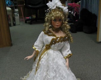 Angelette 18 Inch Full Body Porcelain Angel Doll or Bride by Rustie, Orig Box, Certificate of Authenticity, Stand Large White and Gold Wings