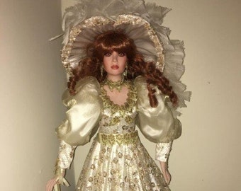 Vintage 34 Inch Rustie Doll-Topaz-in White Satin w Lace Overdress trimmed in gold sequins, Matching Halo Hat, Stand, Orig Box, COA