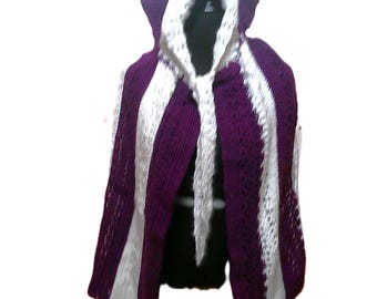 Deep Plum White Striped Cape with Hood – Crochet Acrylic Knit Outerwear