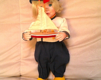Hans by Linda Steele, Porcelain Dutch Boy Doll, Sailing Outfit, Yellow Shoes, Toy Sailboat 14" Tall