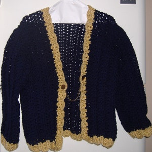 NEVER WORN MODEL Ladies Midnight Blue Cardigan w Gold Trim and Chain Button Closure-Late Fall to Early Spring Office and Casual Wear. Size M image 1