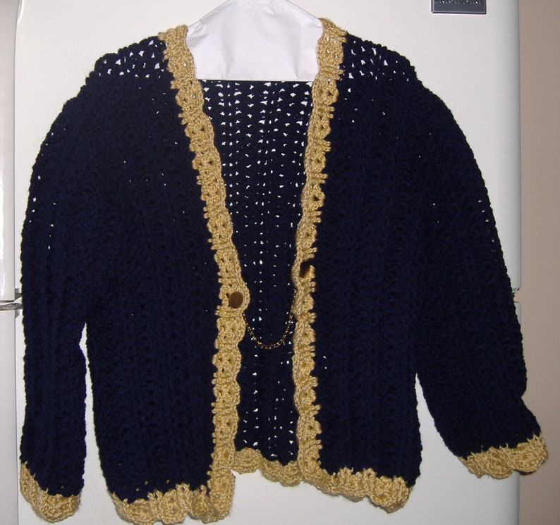 NEVER WORN MODEL Ladies Midnight Blue Cardigan w Gold Trim and Chain Button Closure-Late Fall to Early Spring Office and Casual Wear. Size M image 1