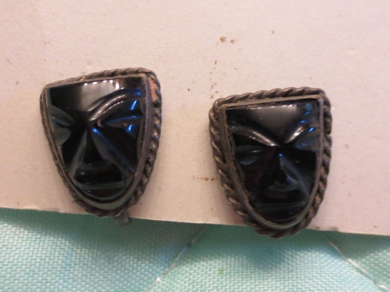 1930s Onyx and Mexican Sterling Silver Bracelet Tribal Mask image 1