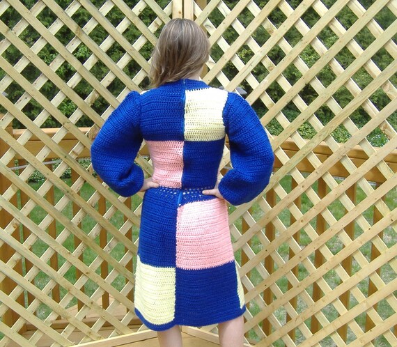 Retro Crocheted Color Block Dress: Blocks of Blue… - image 2