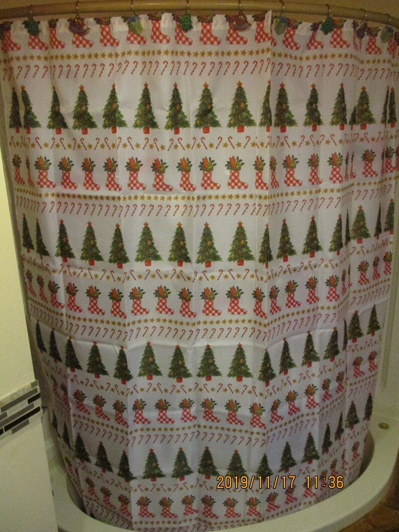 Christmas Shower Curtain and Matching Set of 12 Hooks Holiday image 0