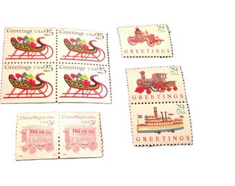 1989 Sleigh with Toys Stamps, 1992 Transportation Stamps (Train, Fire Truck, Steamboat)