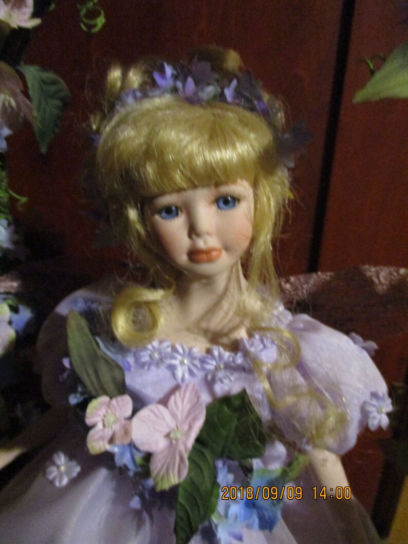 16 Inch Porcelain Garden Fairy Doll Violet, Blond Doll in a Garden