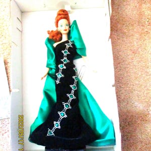 Emerald Embers 1996 Irish Barbie by Bob Mackie in forest green velveteen and taffeta crystal design, red upswept wig, heels, original box