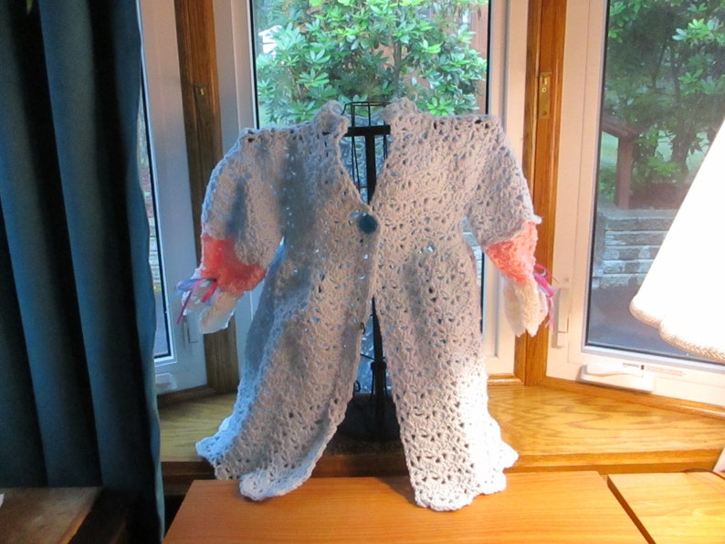 NEVER WORN MODEL Girl's Aged 2 Spring Coat in baby blue, pink and white, Open Weave Lacy Shells, Beautiful Birthday Gift Free Usa Shipping image 1