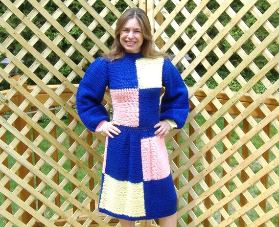 Retro Crocheted Color Block Dress: Blocks of Blue… - image 1