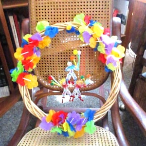 Colorful Circus Clown Wreath: Baby Room Decor, Silk Flowers