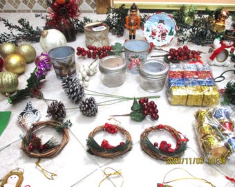 82 Piece Christmas Craft Supply Lot: Ornaments, Ribbon, Floral & More