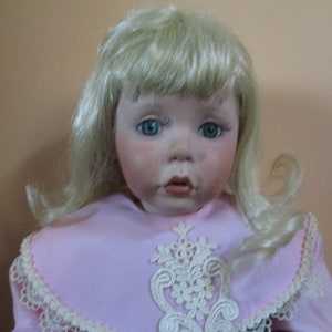 24 Inch Toddler, Caley, in Burgundy Velvet and Pink Porcelain Doll COA, Original Box, White Metal Stand, Blanket, Bonnet, Pristine Condition image 5