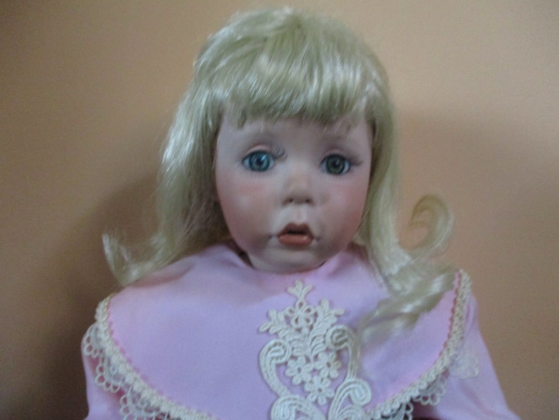 24 Inch Toddler, Caley, in Burgundy Velvet and Pink Porcelain Doll COA, Original Box, White Metal Stand, Blanket, Bonnet, Pristine Condition image 5