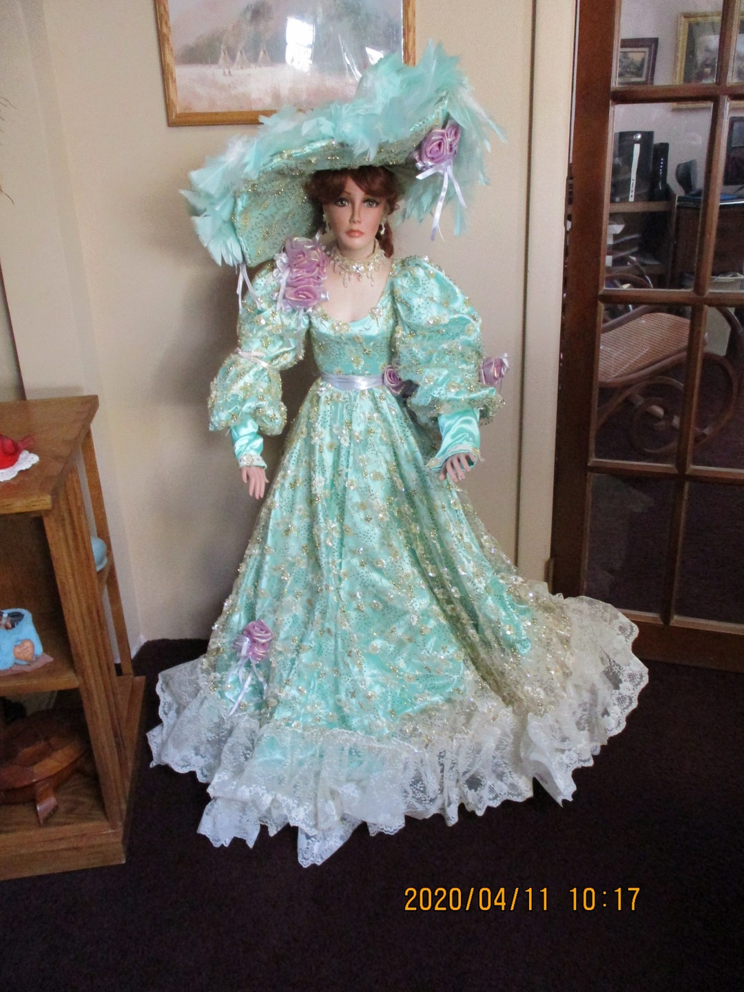 Rustie 1996 Porcelain Doll: Mint Green Satin Lace Gown, Halo Hat, Stand ...