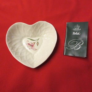Belleek Parian Heart Bowl: Trellis Pattern, Pink Floral Center (Original Box)