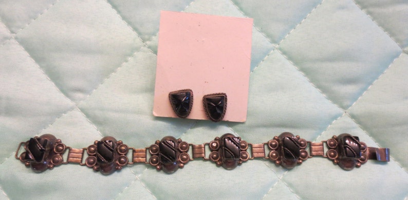 1930s Onyx and Mexican Sterling Silver Bracelet Tribal Mask image 0