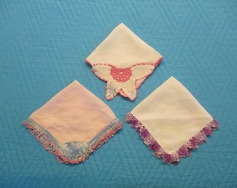 1950s 2 Soft white and 1 pink cotton ladies crochet trim ladies' handkerchiefs-Pink Butterfly trim on-white cotton