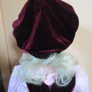 24 Inch Toddler, Caley, in Burgundy Velvet and Pink Porcelain Doll COA, Original Box, White Metal Stand, Blanket, Bonnet, Pristine Condition image 4