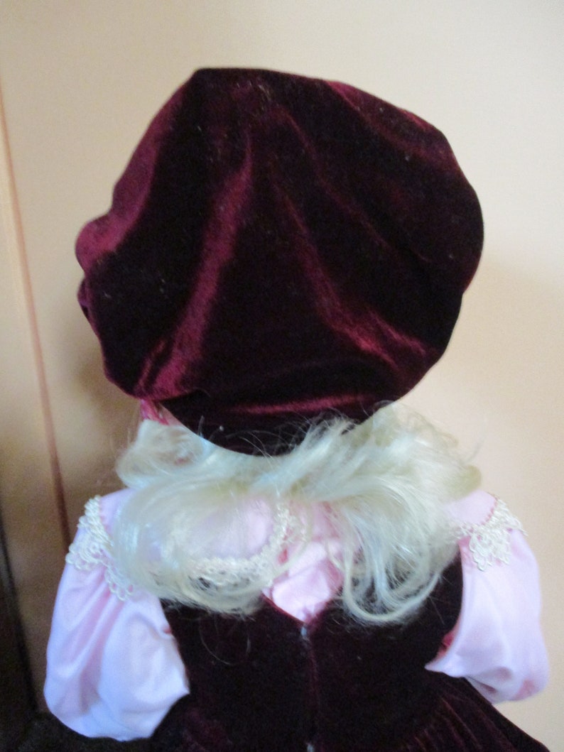 24 Inch Toddler, Caley, in Burgundy Velvet and Pink Porcelain Doll COA, Original Box, White Metal Stand, Blanket, Bonnet, Pristine Condition image 4