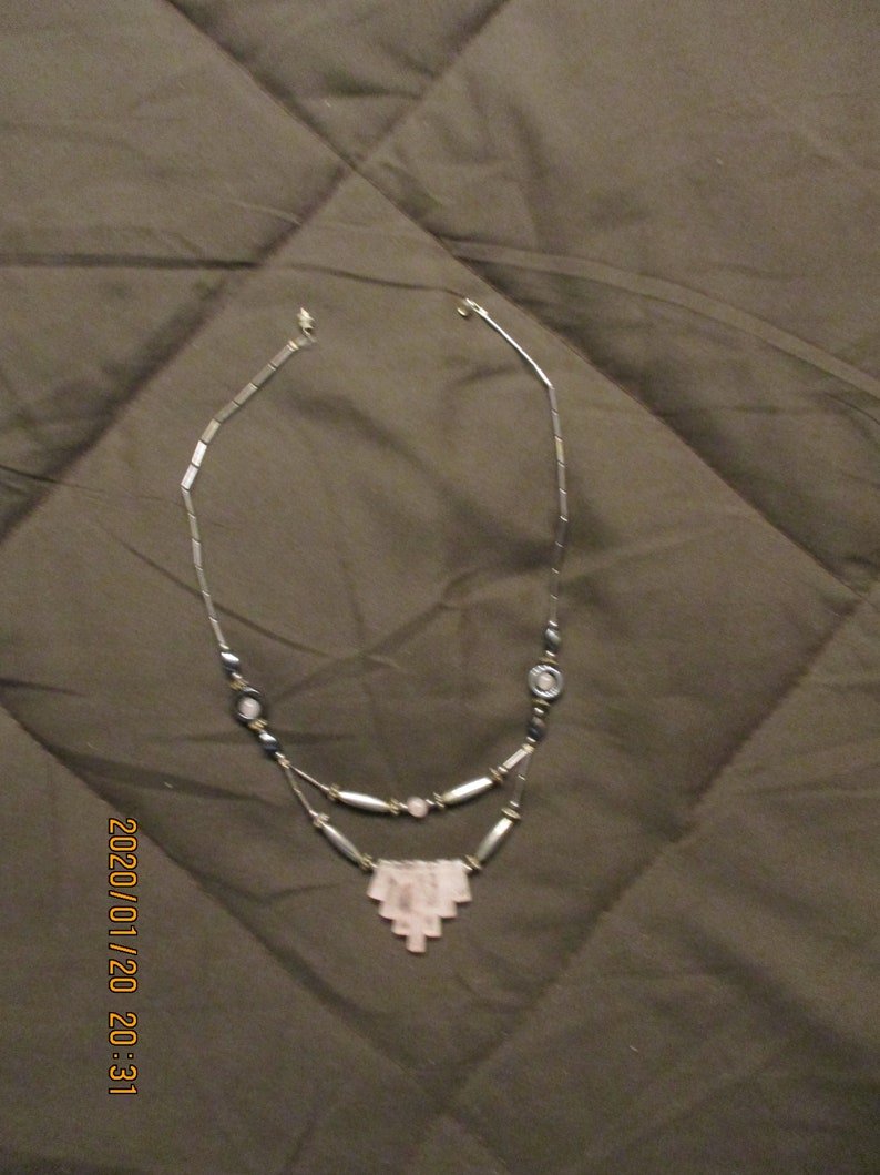 Native American Necklace of Rectangle and Bead Rose Quartz image 2