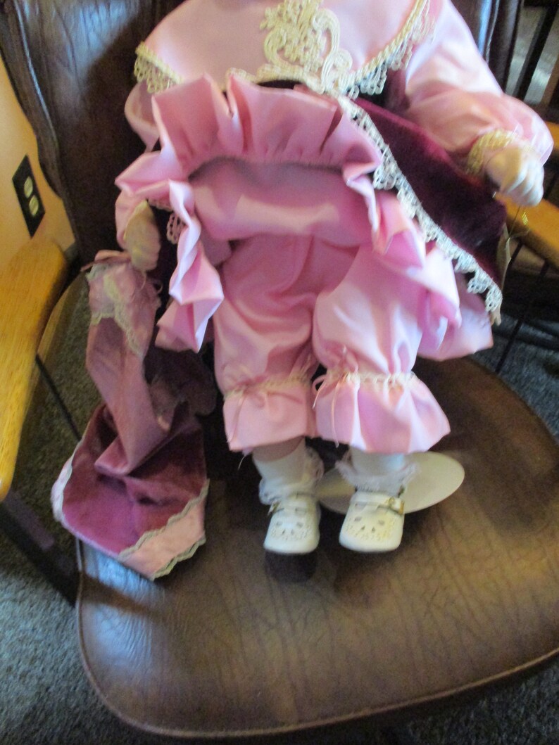 24 Inch Toddler, Caley, in Burgundy Velvet and Pink Porcelain Doll COA, Original Box, White Metal Stand, Blanket, Bonnet, Pristine Condition image 7