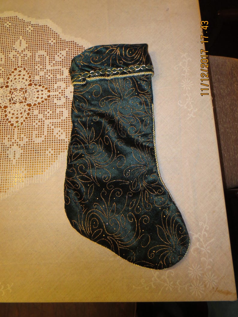 MARKED DOWN 50% Green Velvet Adult Christmas Stocking w Gold image 0