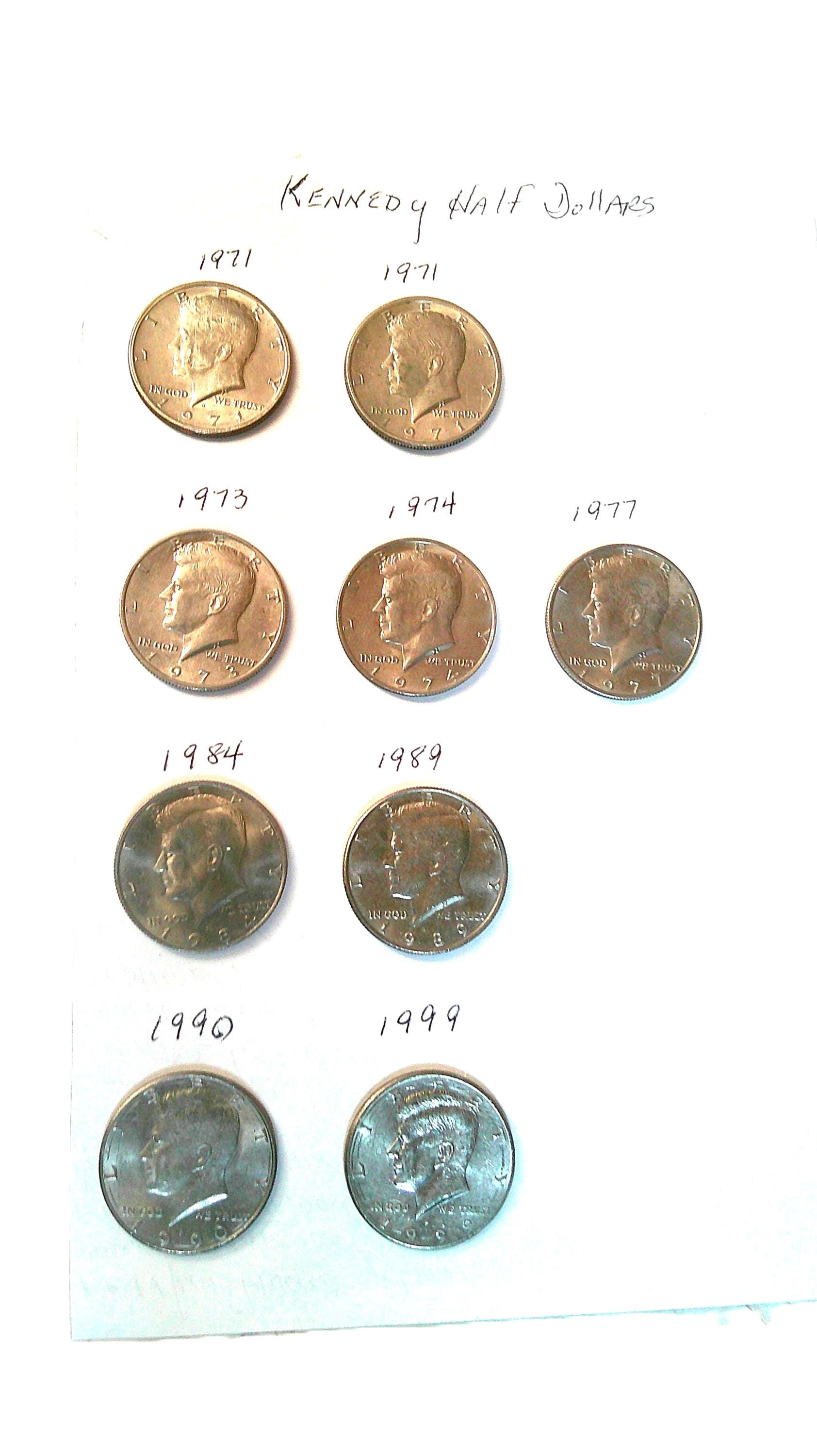 9 John F Kennedy Circulated Half Dollar Coins, 1964 to 1999, Bundle/Customer's Choice