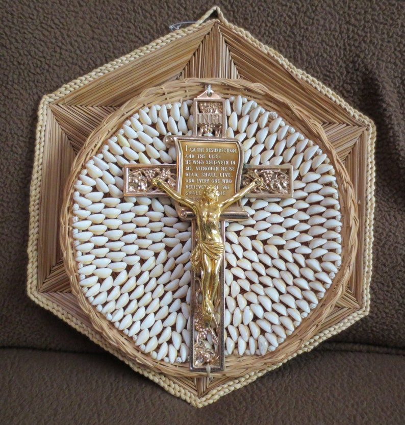 1970s Year Round Metal Crucifix in gold paint on Mini Shells image 0