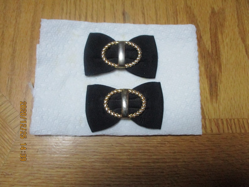 Black Grosgrain Ribbon Shoe Clips for Flats or Pumps with Gold-tone Twisted Metal Decoration Dressy Shoe Clips or Add Clips for Hair Bows