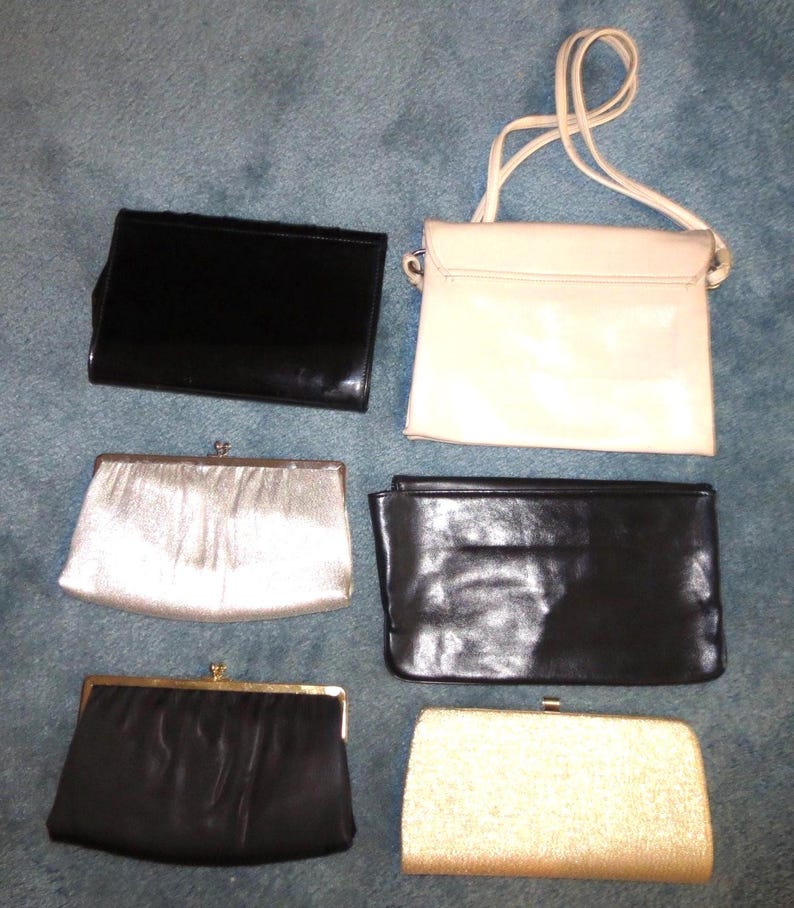 Silver Gold Lame, Black Satin Patent Clutches, Evening Purses image 4