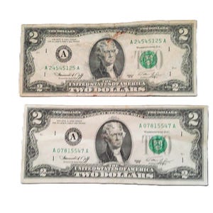 2 1976 Two Dollar Bills in Good Condition Very Low Serial Numbers