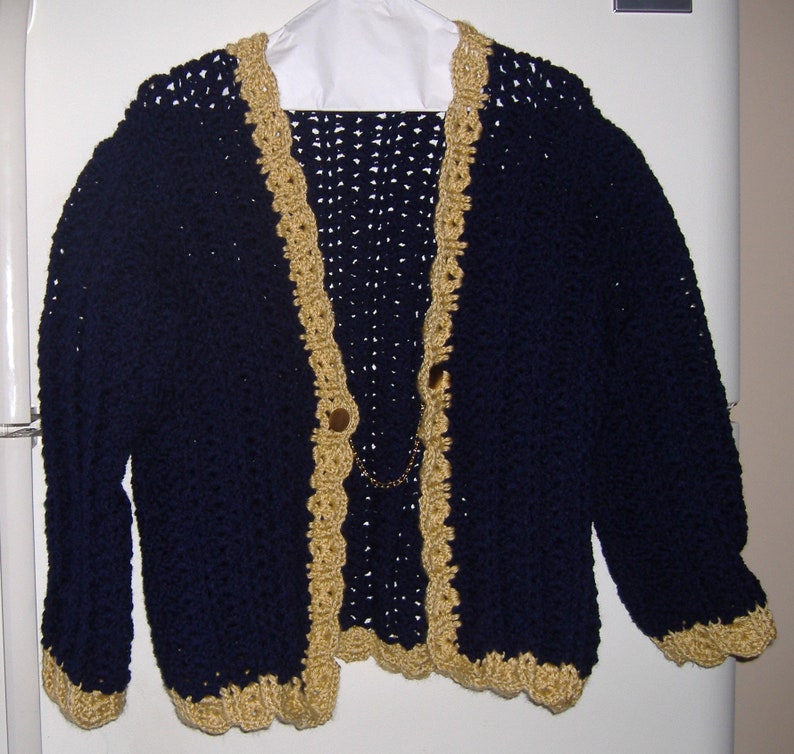 NEVER WORN MODEL Ladies Midnight Blue Cardigan w Gold Trim and Chain Button Closure-Late Fall to Early Spring Office and Casual Wear. Size M image 2