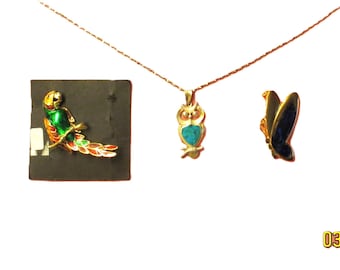 Vintage Summer Nature Jewelry: Abalone Butterfly Pin, Enamel Parrot Pin, Turquoise Owl Necklace