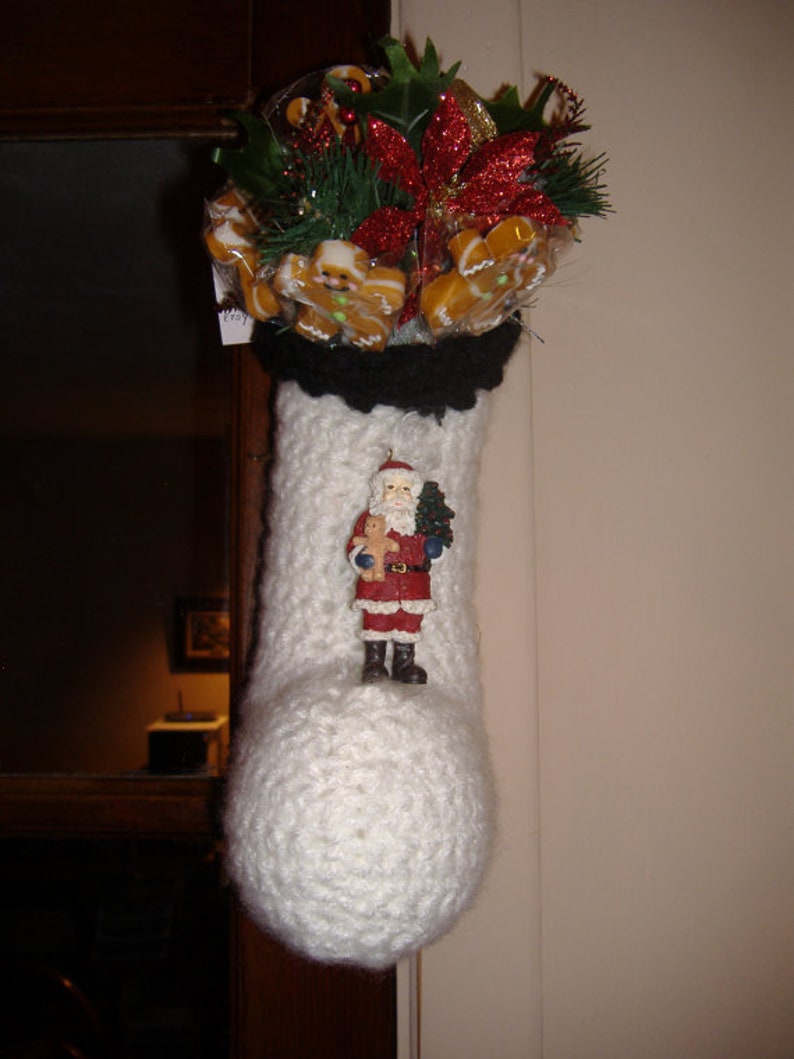 Crocheted Christmas Stocking in Snowy White w Black trim image 0